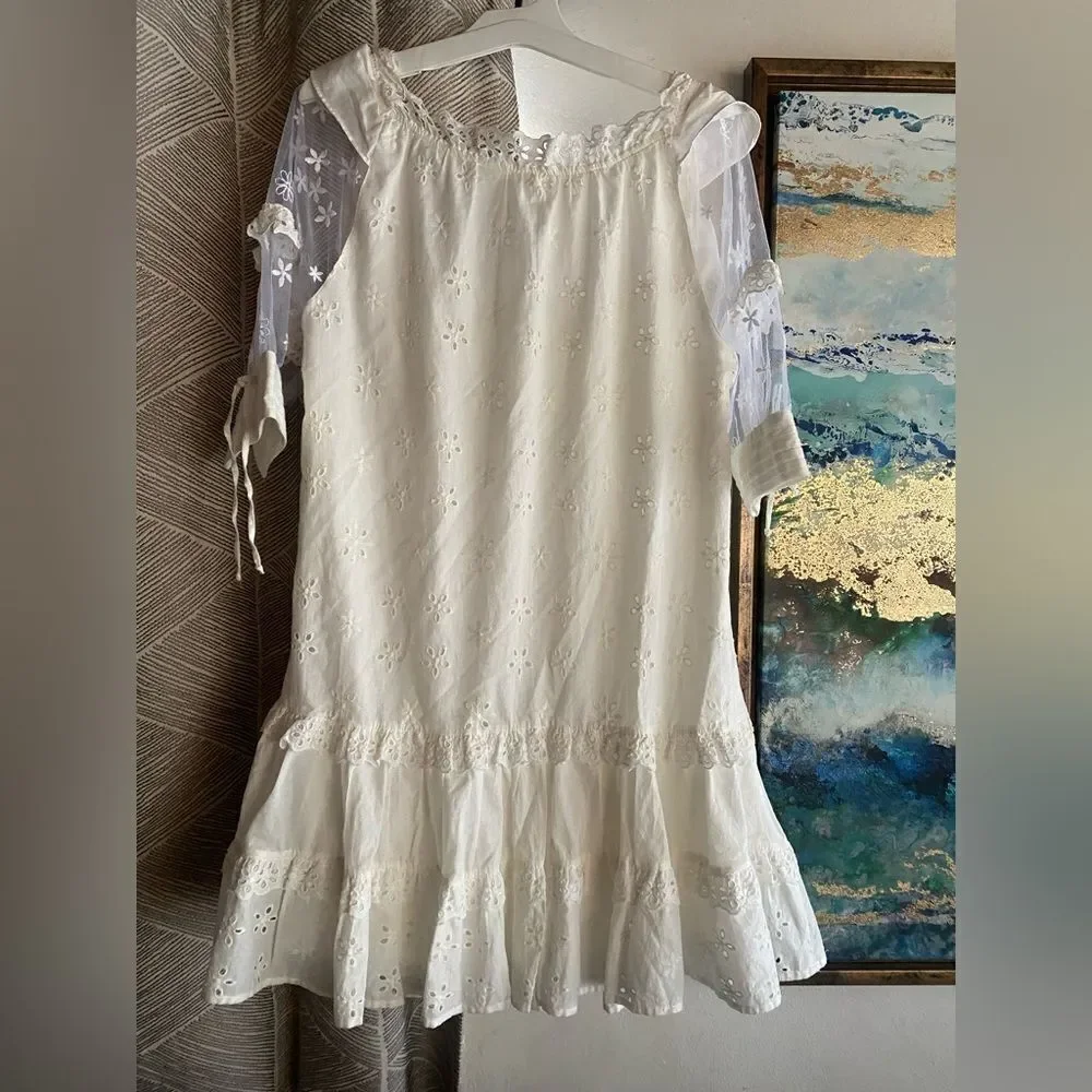 For Love And Lemons Hermosa Eyelet Mini Dress Tunic Beige Sz Small Tulle Sleeve - Picture 6 of 15